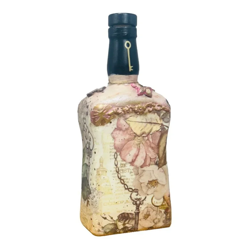 Up cycled Decanter Bottle Mixed Media Peep Keyhole Clay Hand Painted Butterfly - Picture 8 of 16